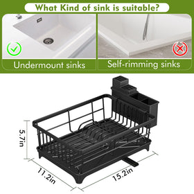 Kmiectse dish drying rack features rapid-drain system directing water to sink.