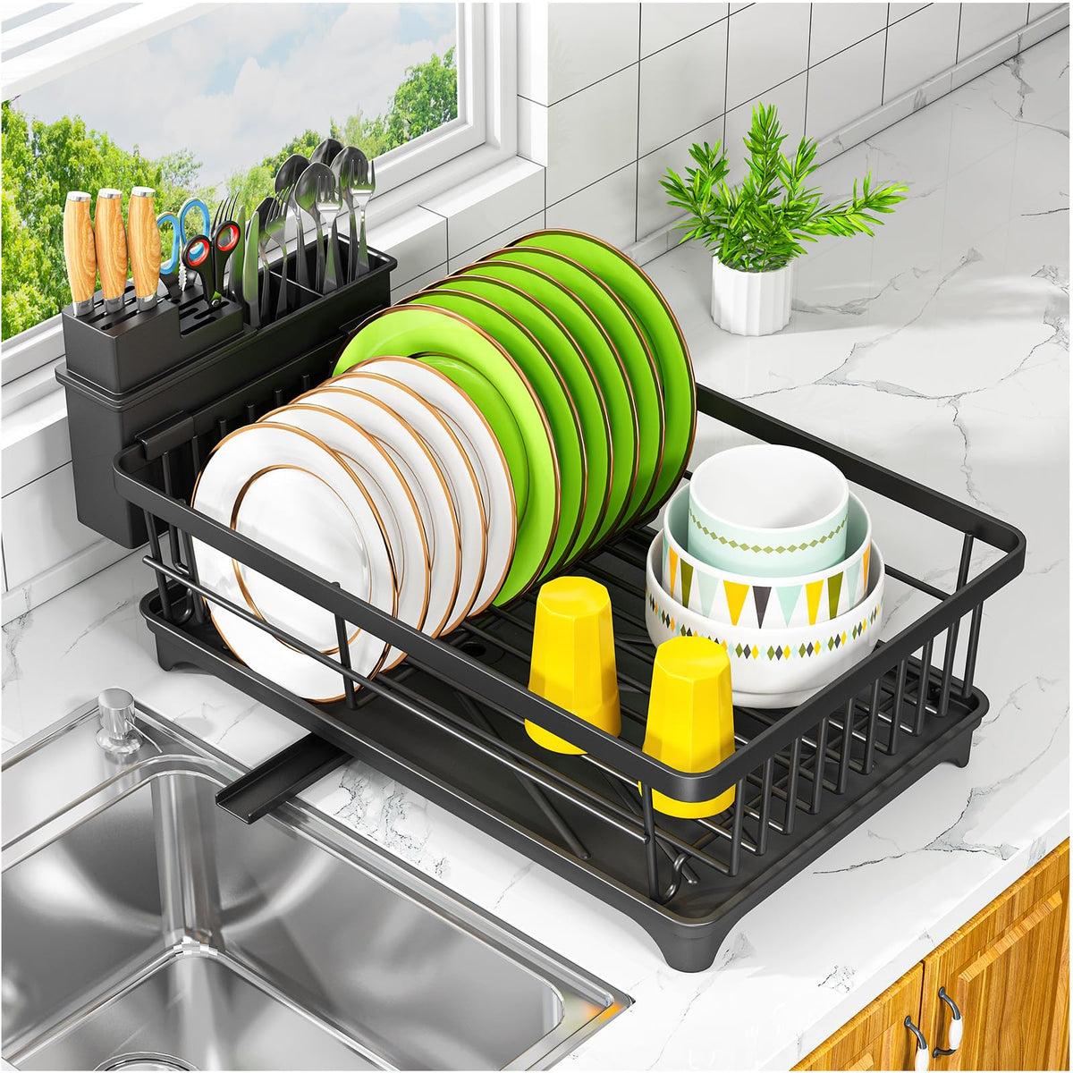 Kmiectse dish drying rack demonstrating space-saving on a small kitchen counter, maximizing counter space.