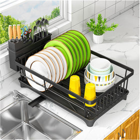 Kmiectse dish drying rack demonstrating space-saving on a small kitchen counter, maximizing counter space.