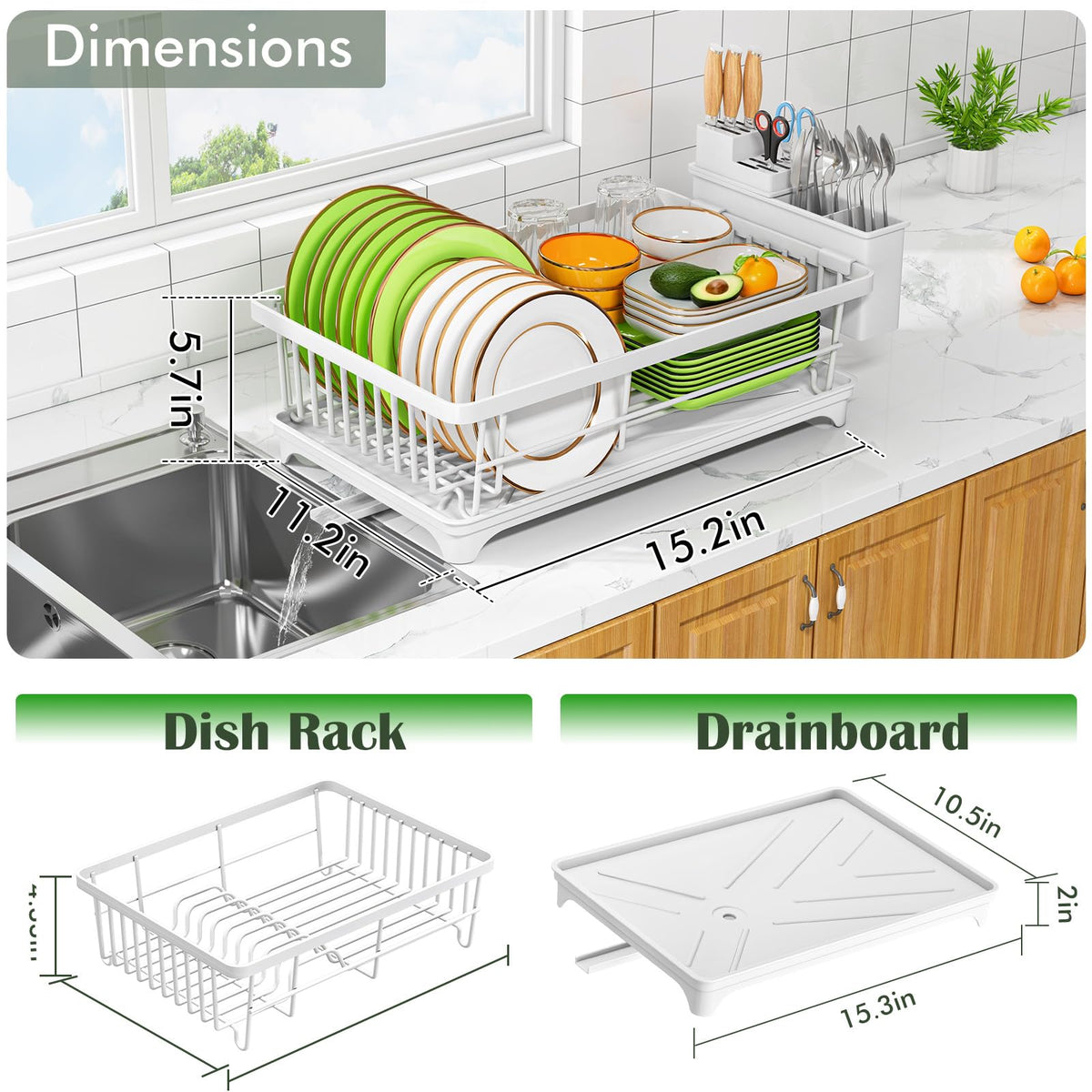Kmiectse dish drying rack includes removable utensil holder for organized cutlery and tools.