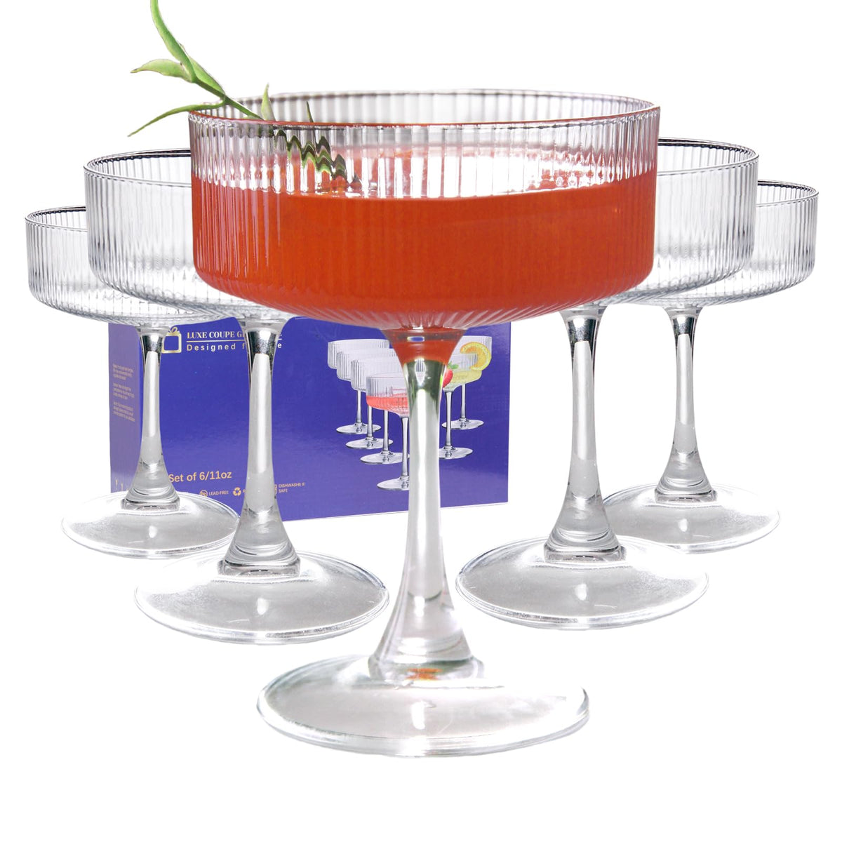 KMIGRUAN 11oz vintage coupe glasses with ribbed design elevate cocktail presentation.