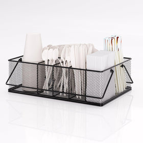 KMUZAWN paper plate organizer top view showing six compartments for plates, cups, and napkins.