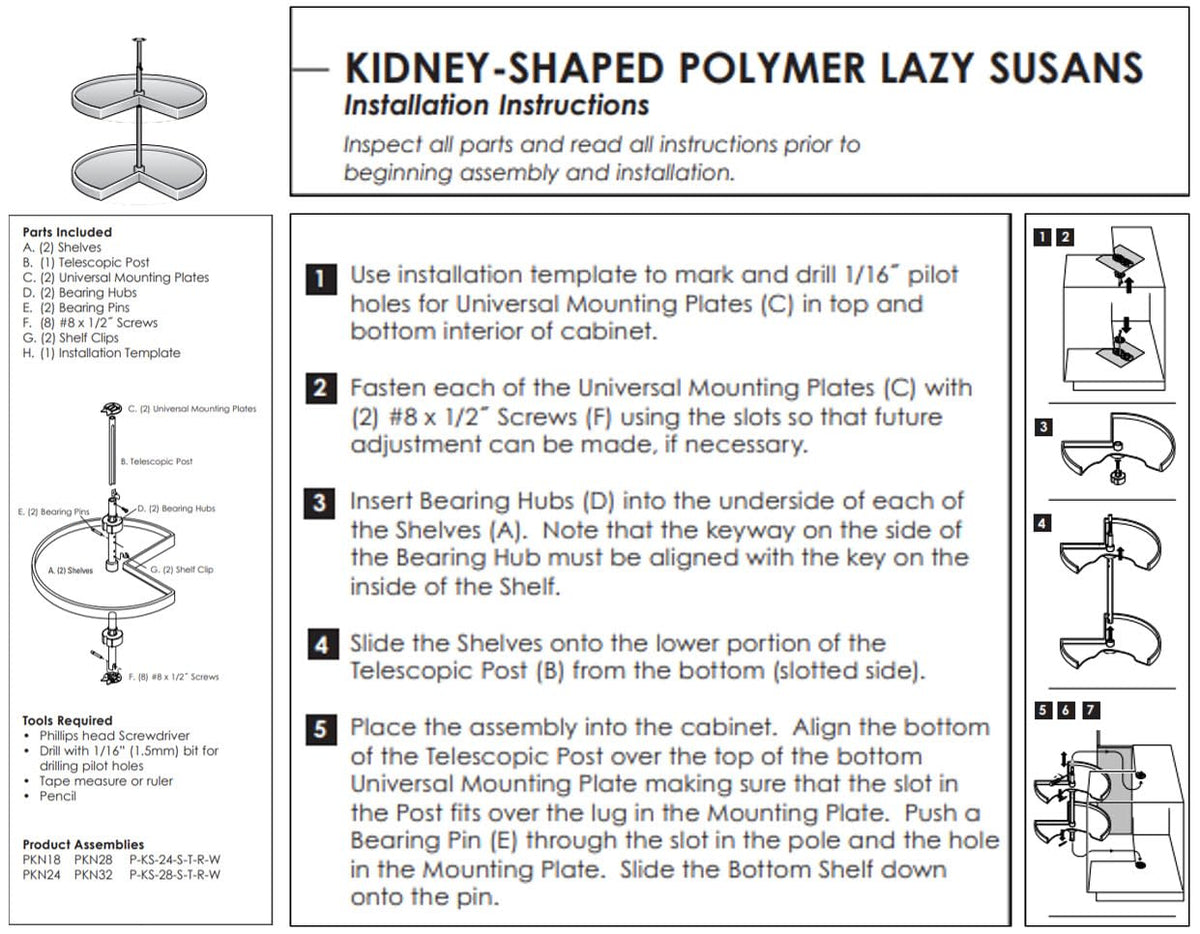 Knape & Vogt KV Lazy Susan chrome telescoping post for adjustable cabinet mounting.