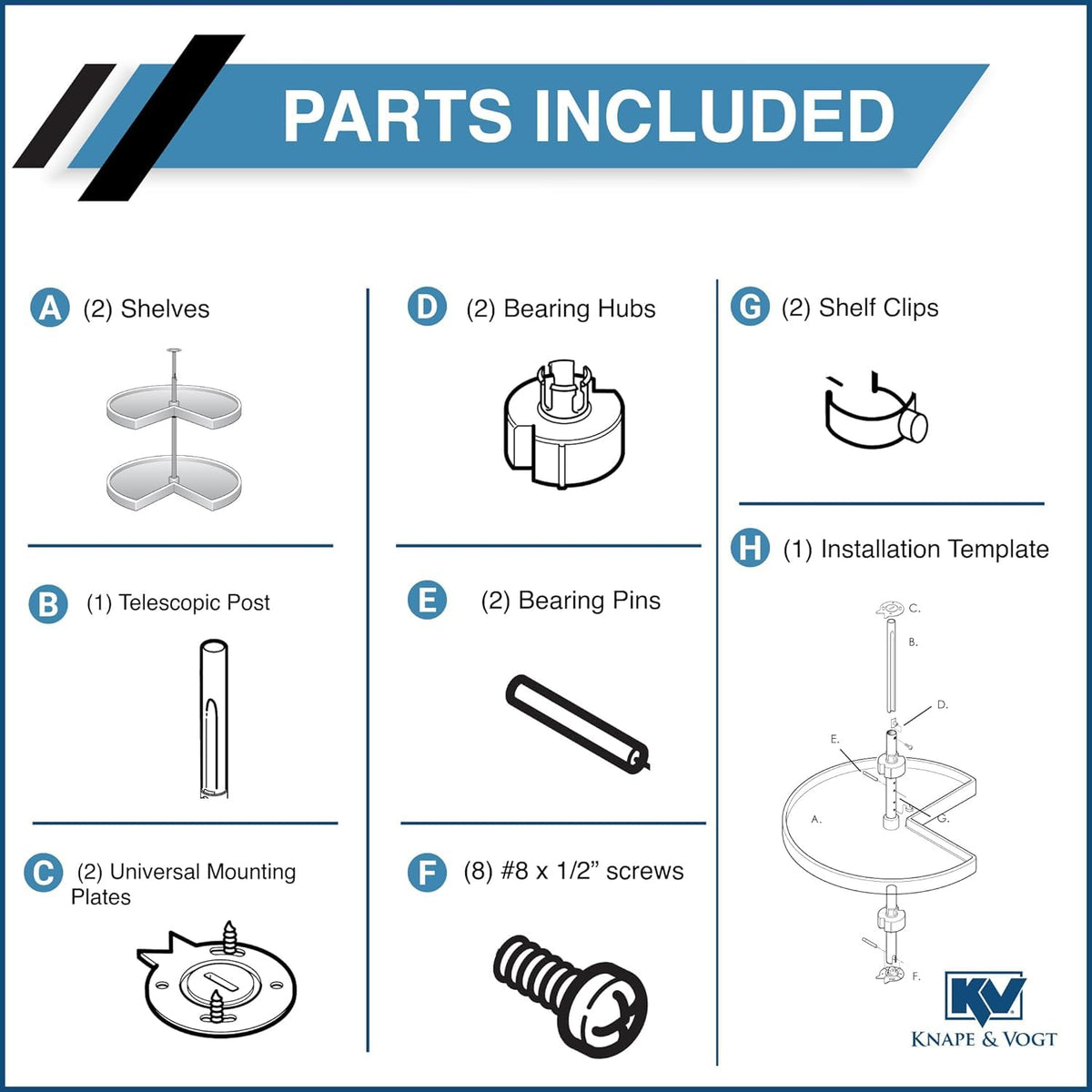 Knape & Vogt KV Lazy Susan installation kit simplifies cabinet setup.
