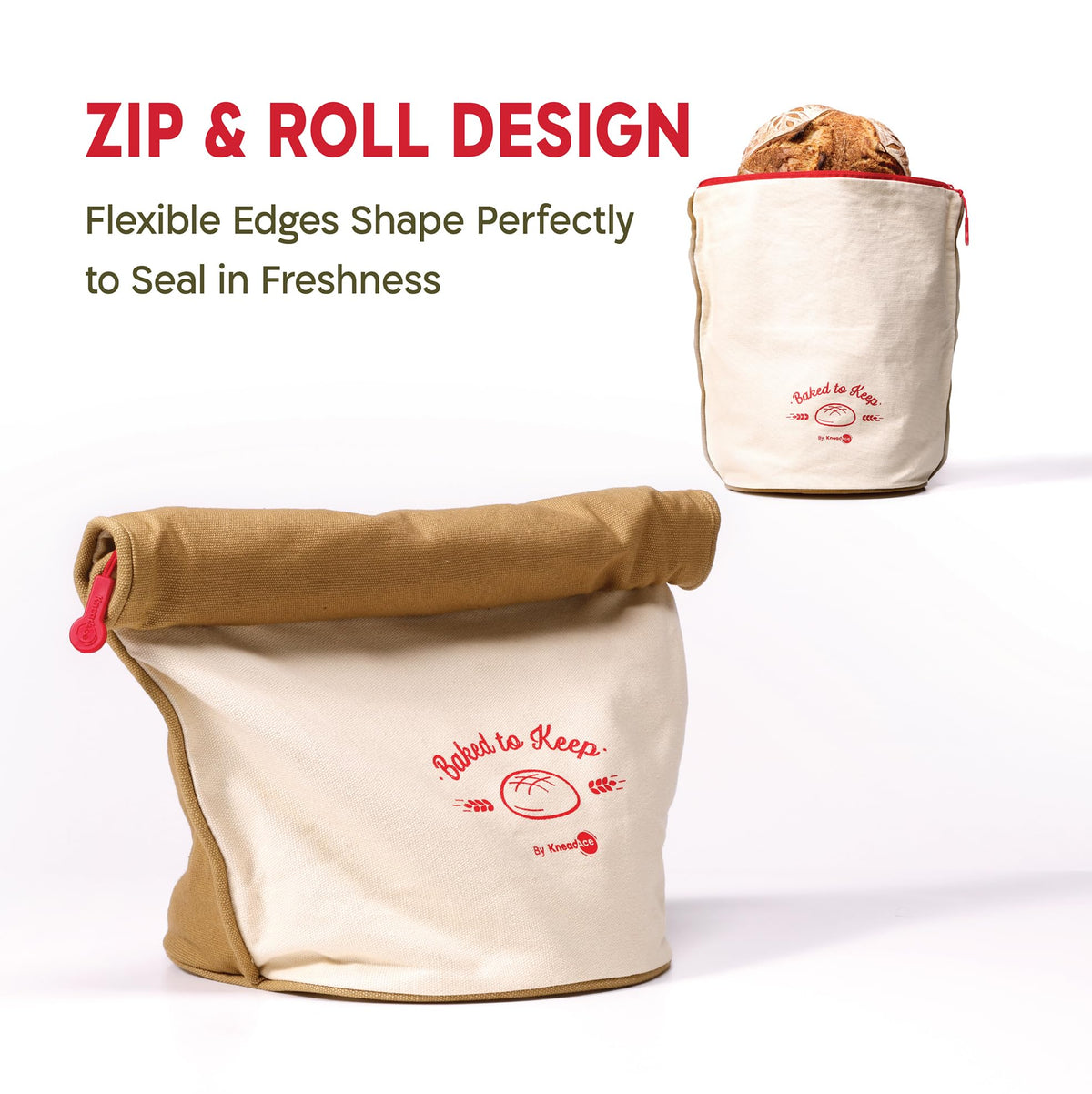 KNEADACE bread bag features a cotton exterior for durable storage.