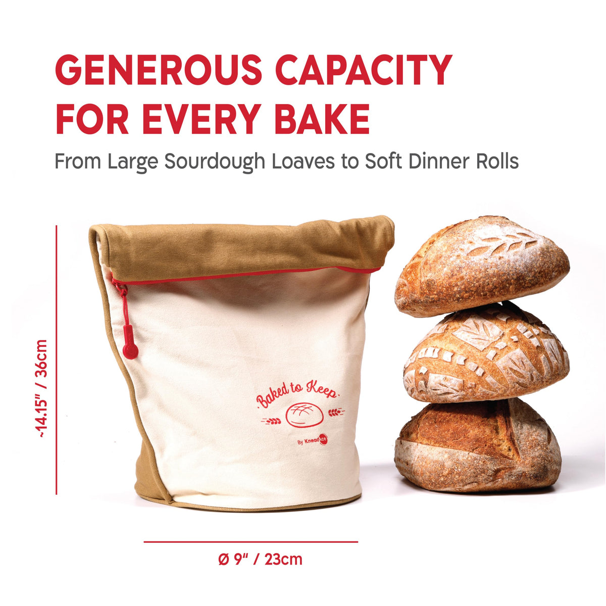 KNEADACE bread bag shows its sturdy cotton exterior for daily, durable storage.