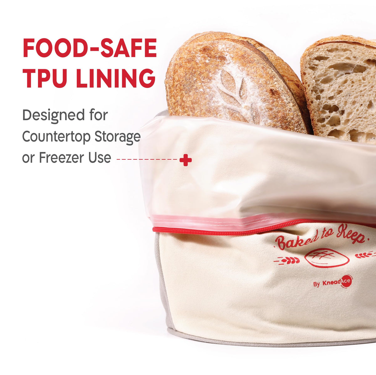 KNEADACE bread bag zipper closure seals freshness inside the roll-top.