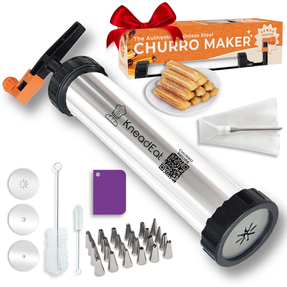 KneadEat Churro Maker Kit front view, durable stainless steel build for lasting use.
