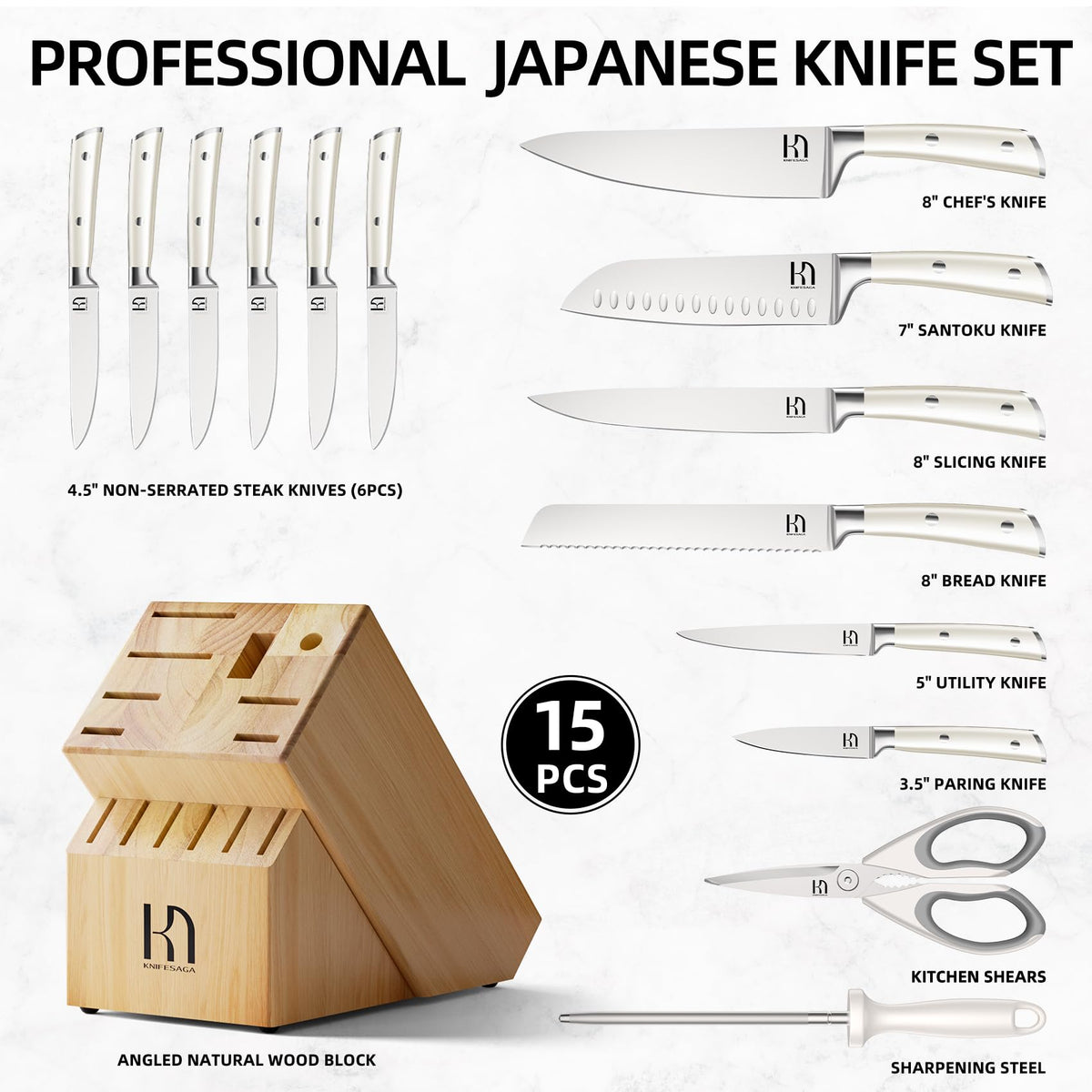 KnifeSaga 15-pcs collection laid out for versatile kitchen tasks