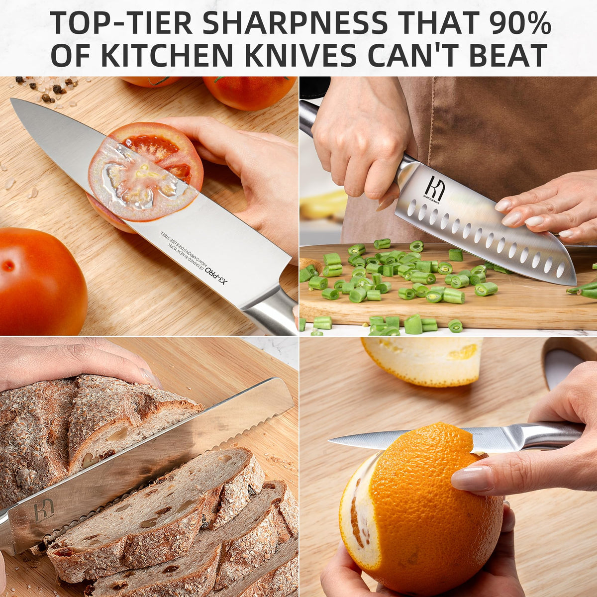 KnifeSaga 10-degree edge delivers clean, precise cuts on vegetables and meat.