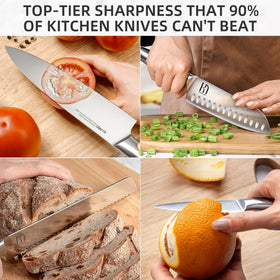 KnifeSaga 10-degree edge delivers clean, precise cuts on vegetables and meat.