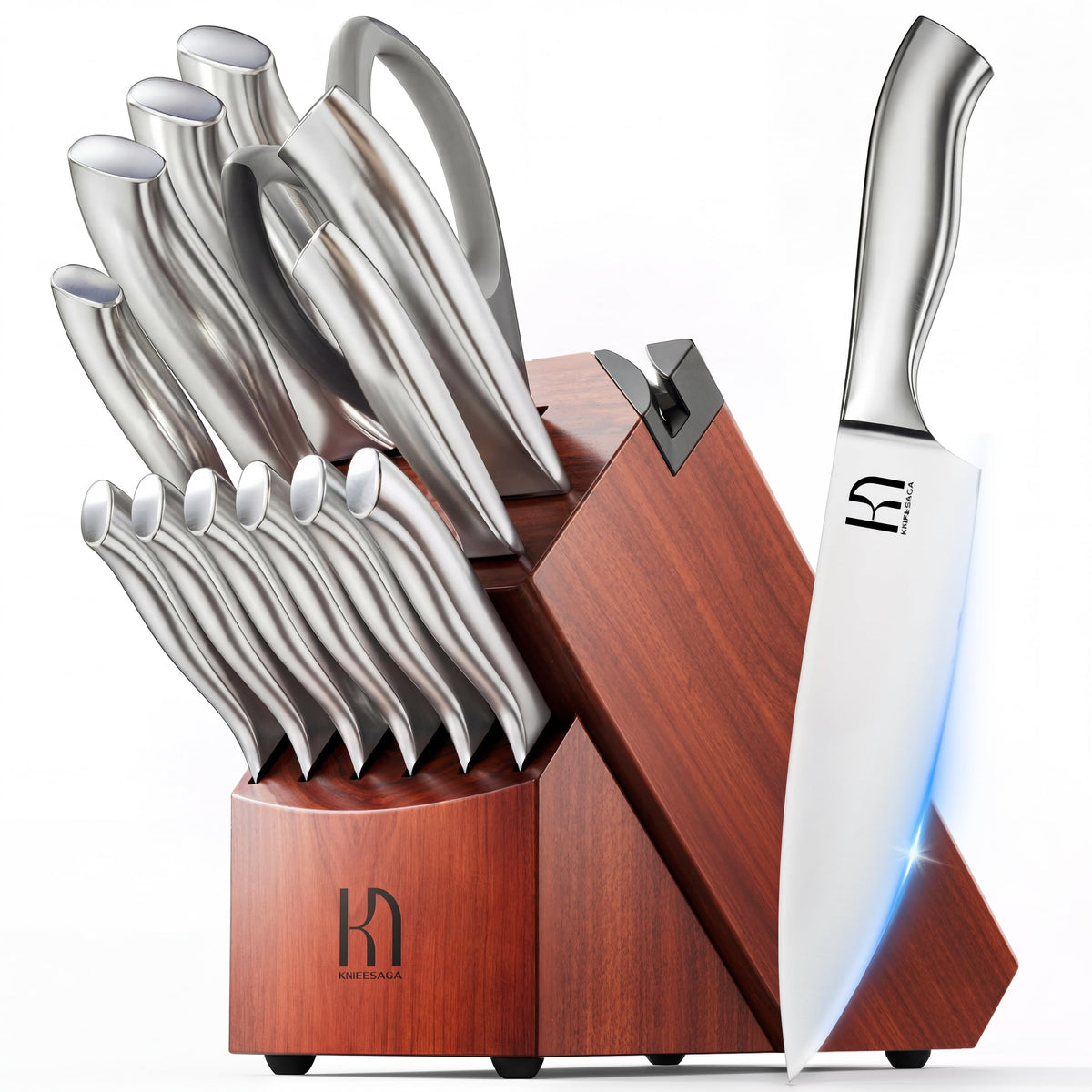 KnifeSaga 14-piece knife block set in a kitchen for organized storage and durable edge