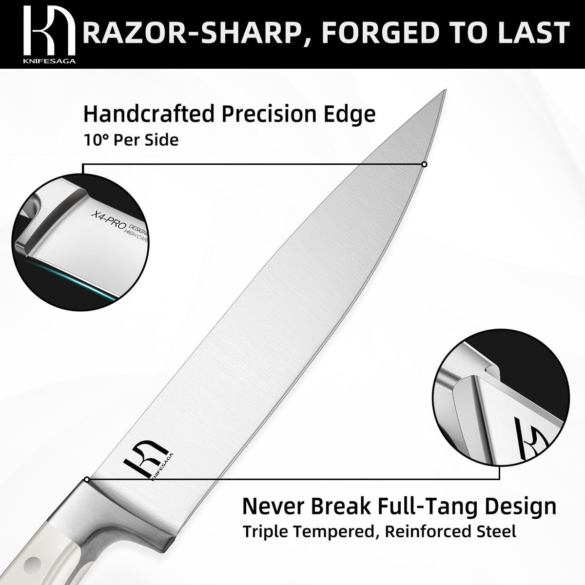 Knifesaga 8-inch chef knife displays razor-sharp blade for precision.