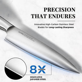 KnifeSaga 8in chef knife with built-in sharpener highlights effortless edge maintenance.