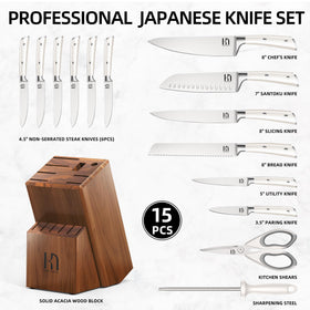 KnifeSaga acacia wood block showcasing a full knife set.