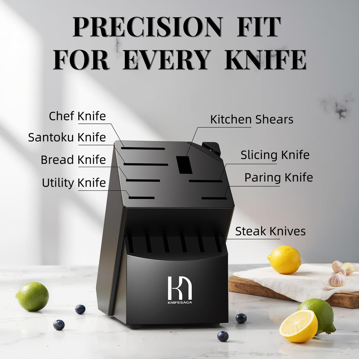 KnifeSaga acacia wood block provides sturdy storage with a non-slip base.