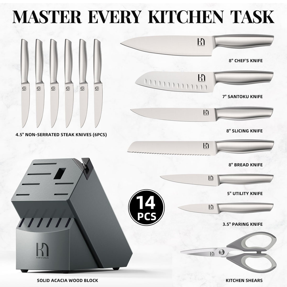 KnifeSaga Japanese high-carbon stainless steel blades deliver sharp, durable cuts