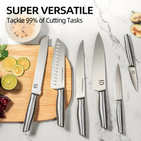 KnifeSaga includes kitchen shears and utility knives for all-in-one prep.