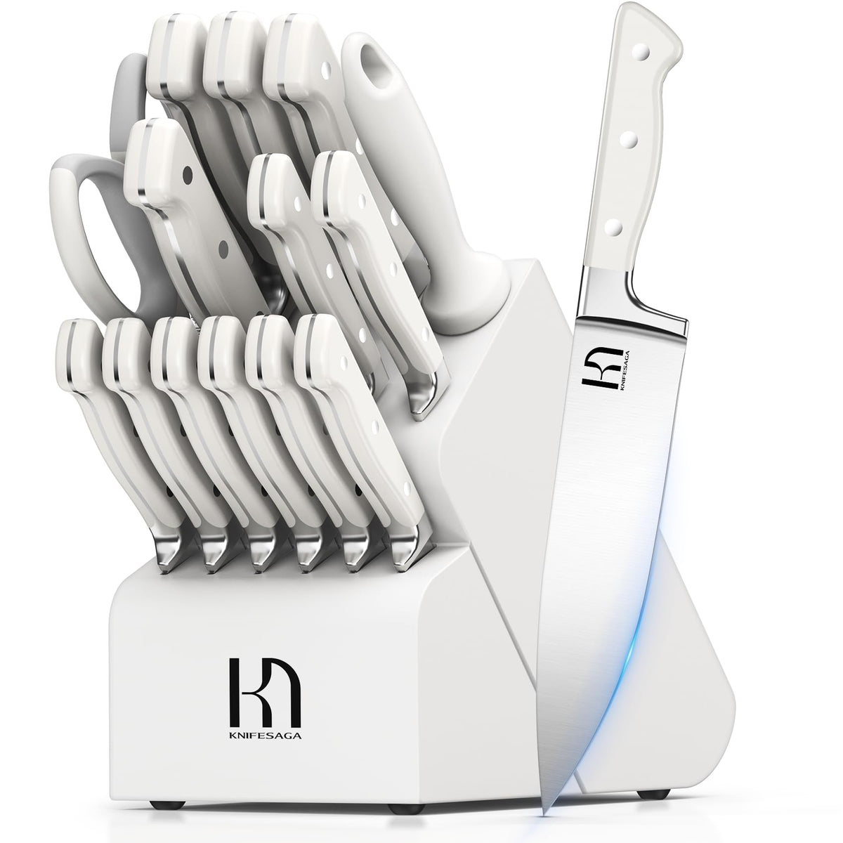 Knifesaga knife block set on wooden base keeps blades organized.