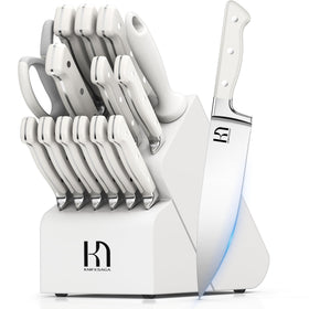 Knifesaga knife block set on wooden base keeps blades organized.