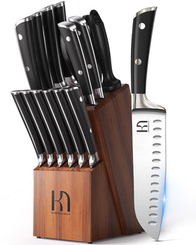 KnifeSaga 15-piece knife set in acacia block for organized kitchen prep
