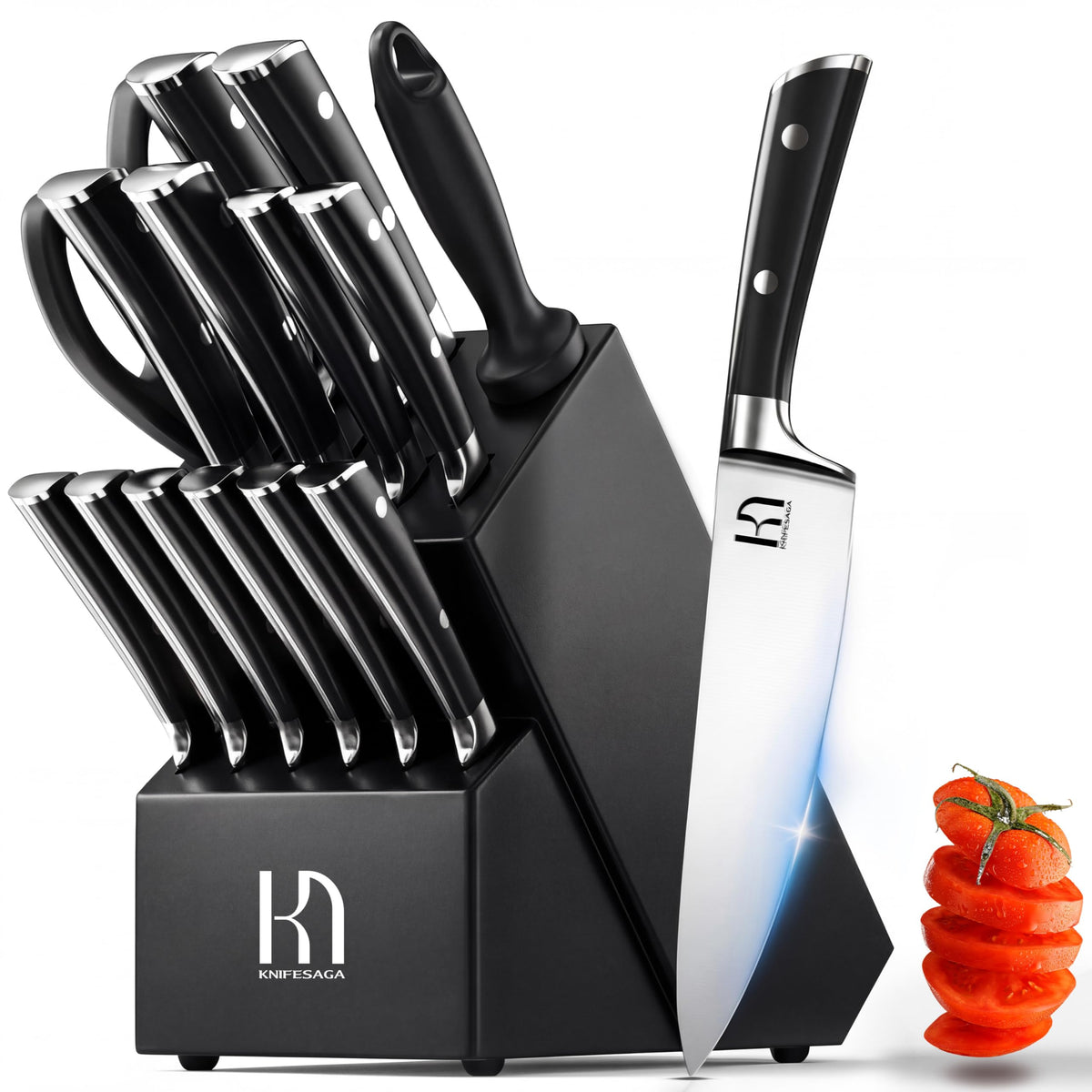 KnifeSaga 15-piece set in a black acacia block for versatile daily cooking