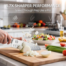 KnifeSaga 8-inch chef knife with ultra-sharp edge for effortless slicing.
