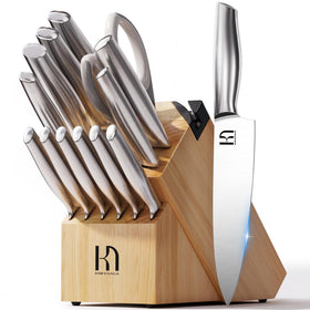 KnifeSaga knife set in wood block for organized storage and ready use.