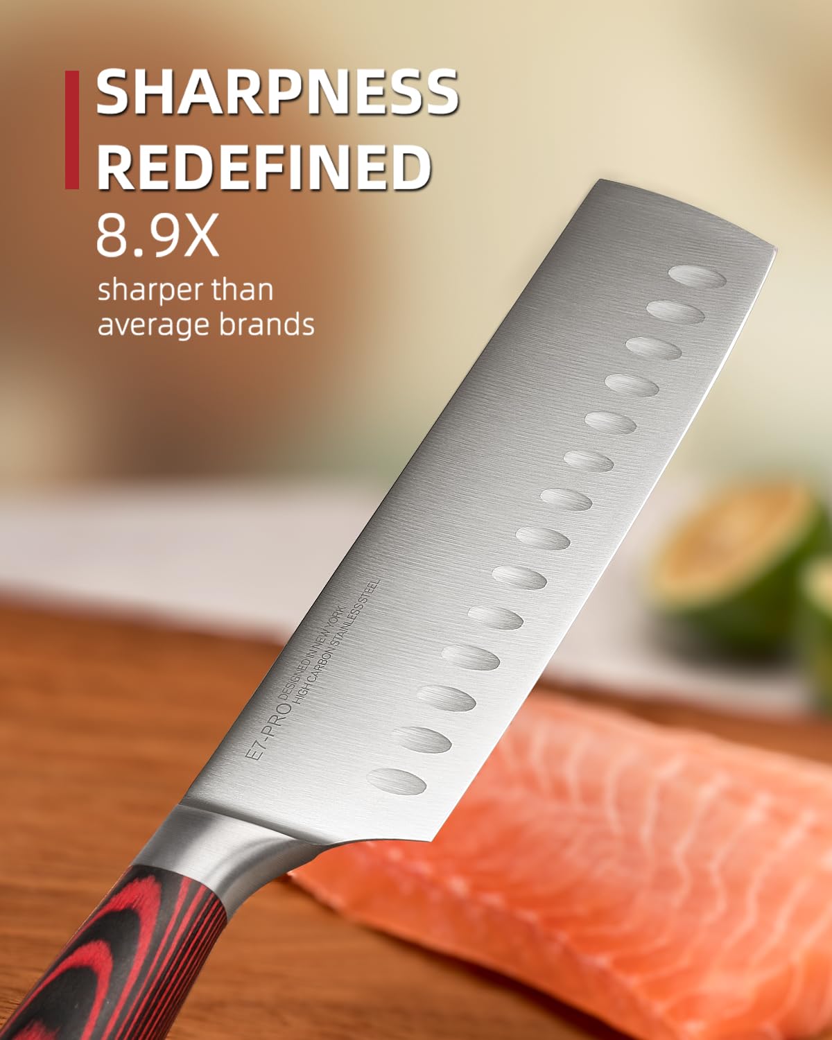  KnifeSaga Nakiri Granton edge close-up showing reduced sticking during slicing.