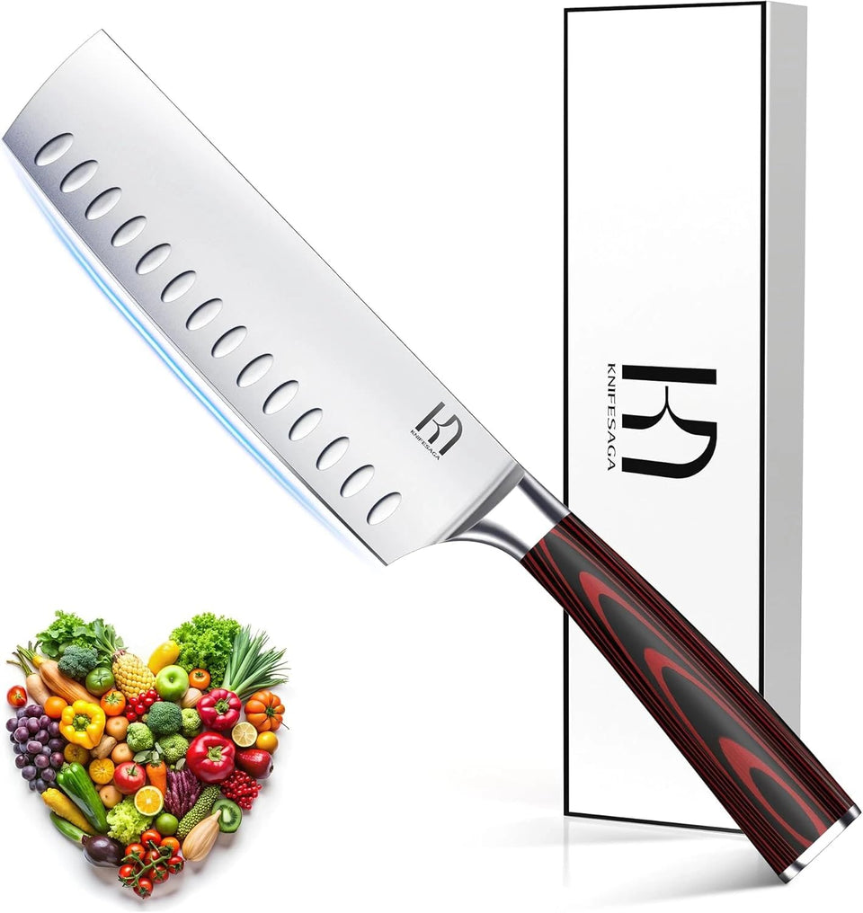 KnifeSaga Nakiri 7-inch blade close-up highlighting razor sharp edge for vegetables.