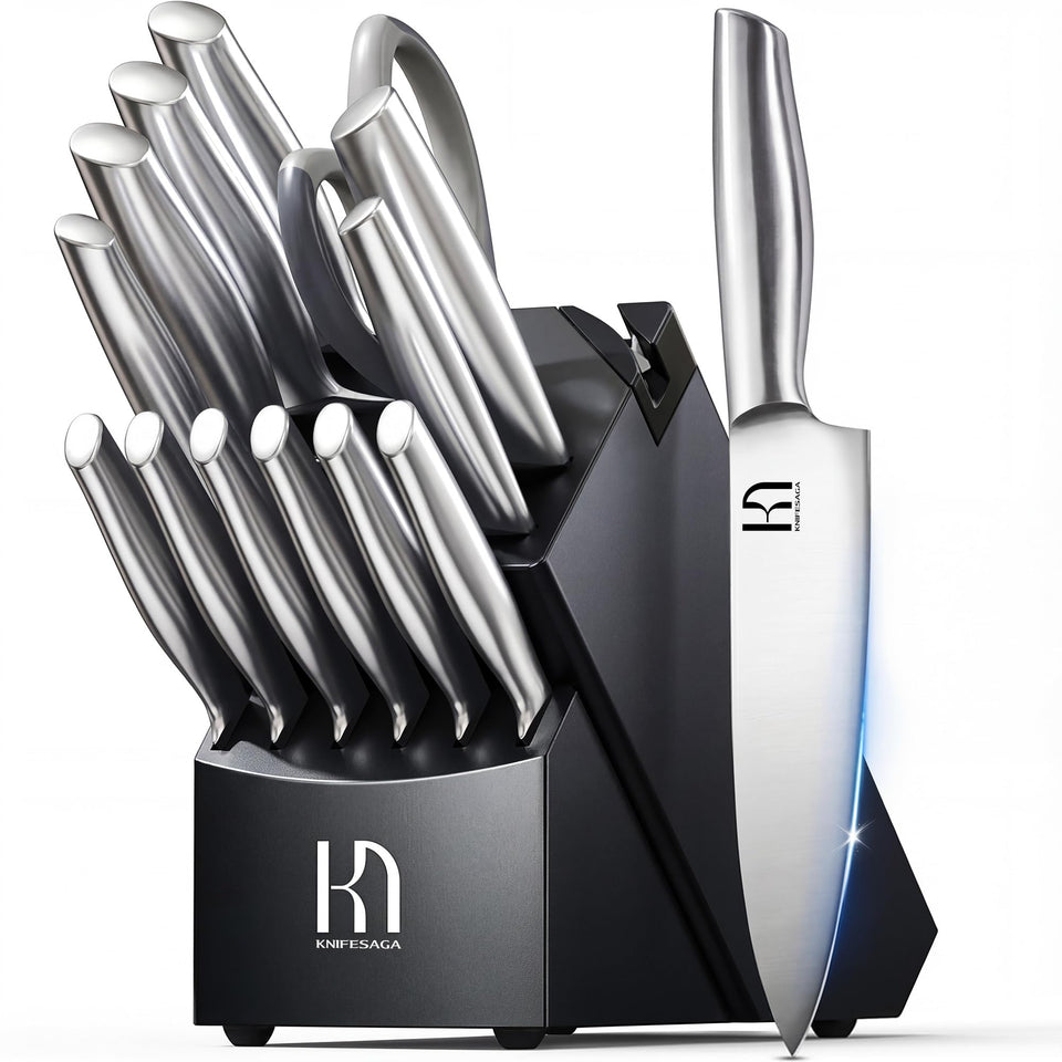 KnifeSaga premium 14-piece set displayed in acacia block for organized, efficient kitchen prep.