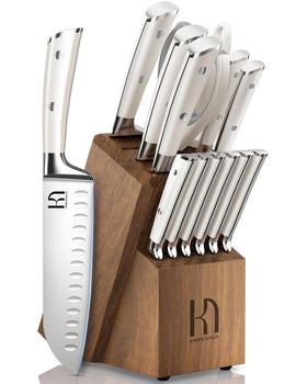 KnifeSaga premium 15-piece set in acacia block for organized kitchen storage.