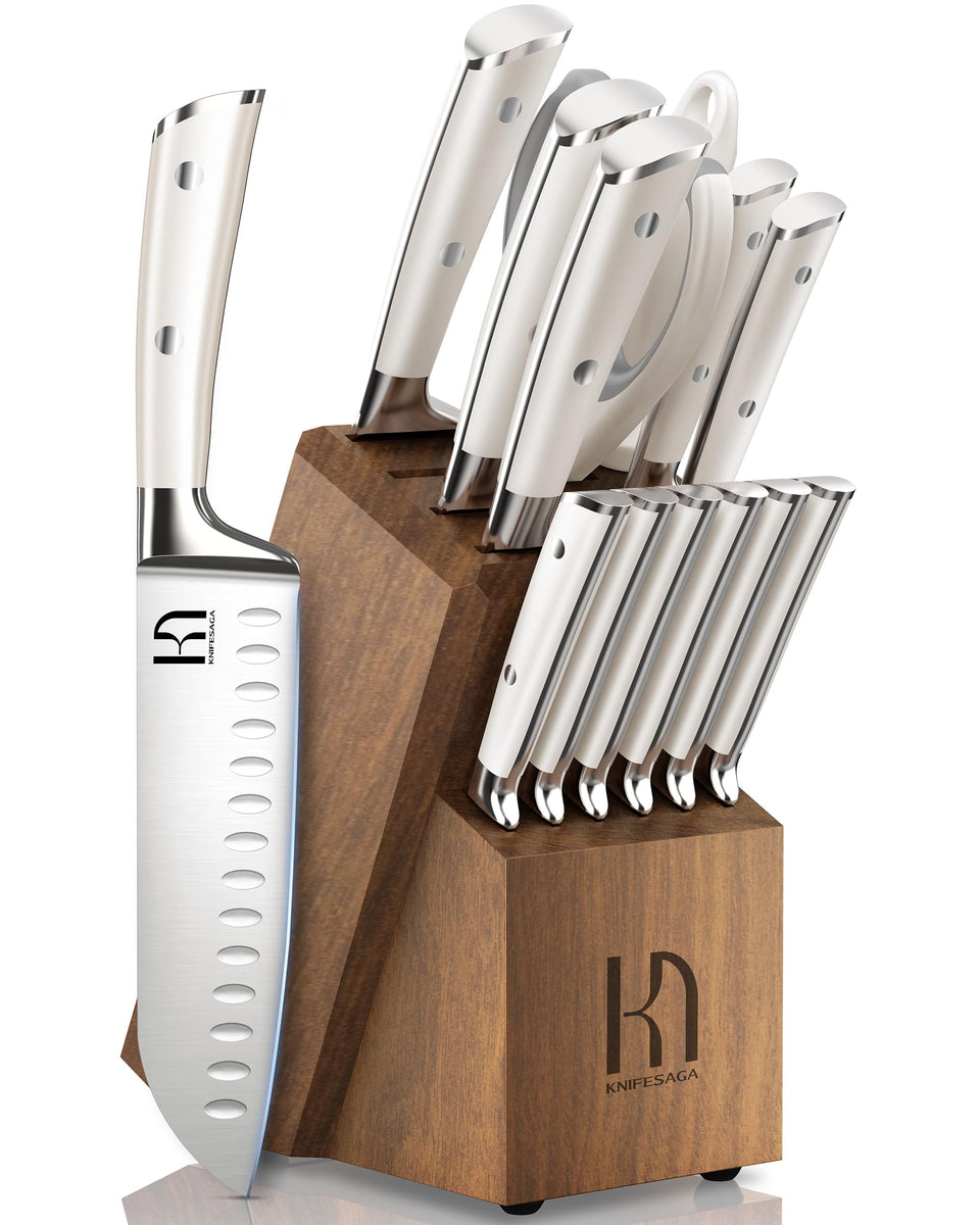 KnifeSaga premium 15-piece set in acacia block for organized kitchen storage.