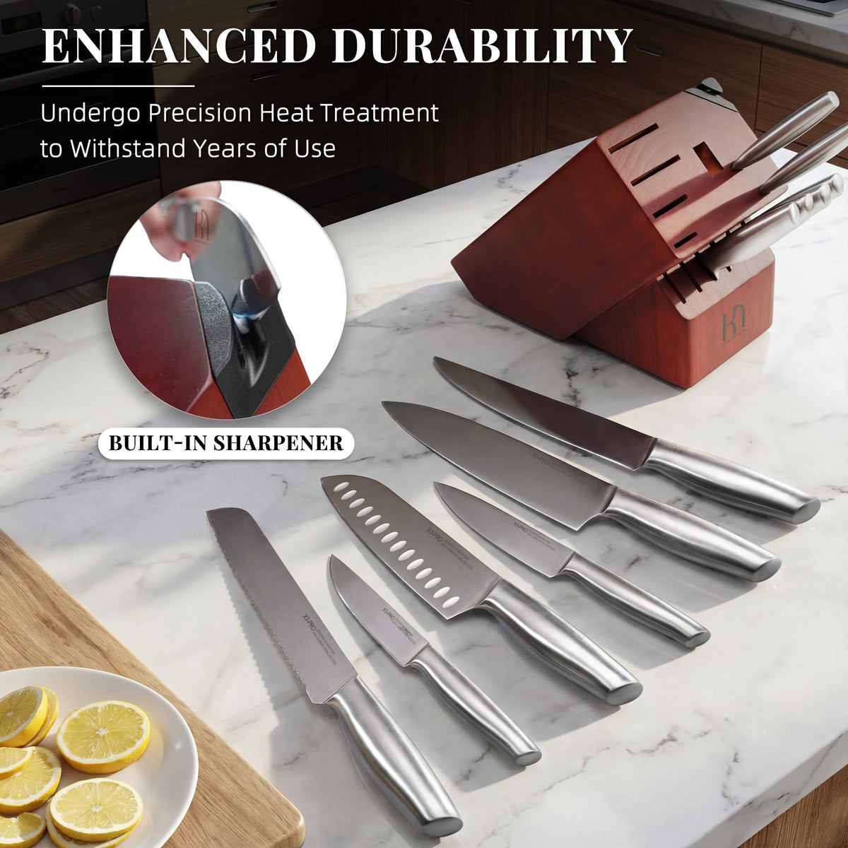 KnifeSaga wood block with non-slip base keeps knives safely organized.