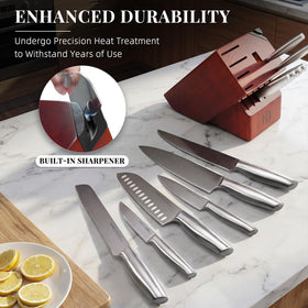 KnifeSaga wood block with non-slip base keeps knives safely organized.
