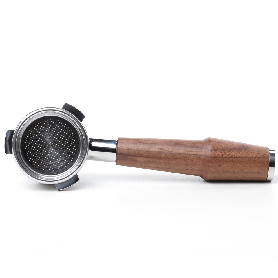 KNODOS 54mm bottomless portafilter with walnut handle close-up, emphasizing grip and stability