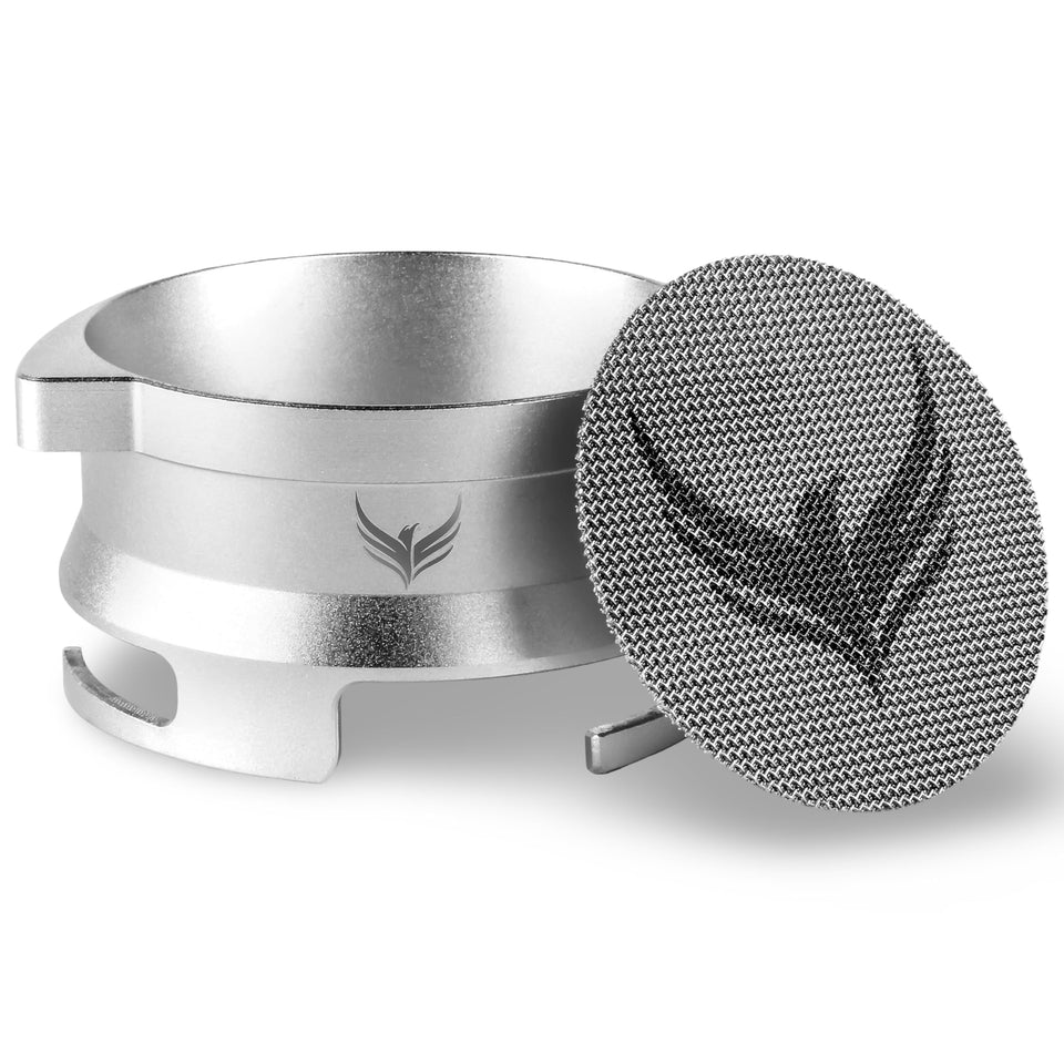 KNODOS 54mm dosing funnel beside Breville portafilter for precise, mess-free dosing.