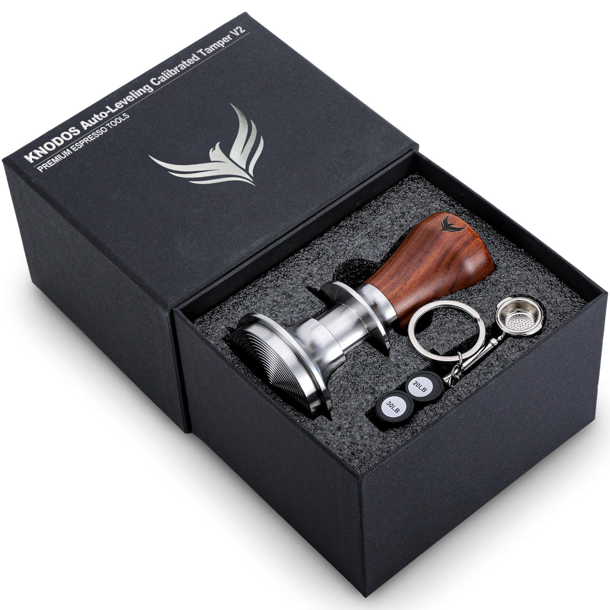 KNODOS 54mm espresso tamper with rosewood base for even tamping in Breville machines.