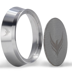 KNODOS 58mm dosing funnel secures to the portafilter and reduces mess during grinding