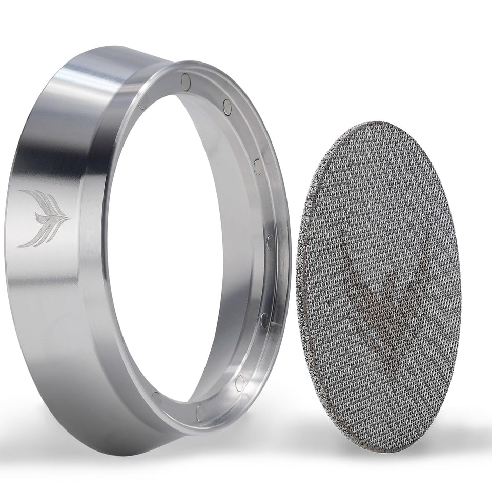 KNODOS 58mm dosing funnel secures to the portafilter and reduces mess during grinding
