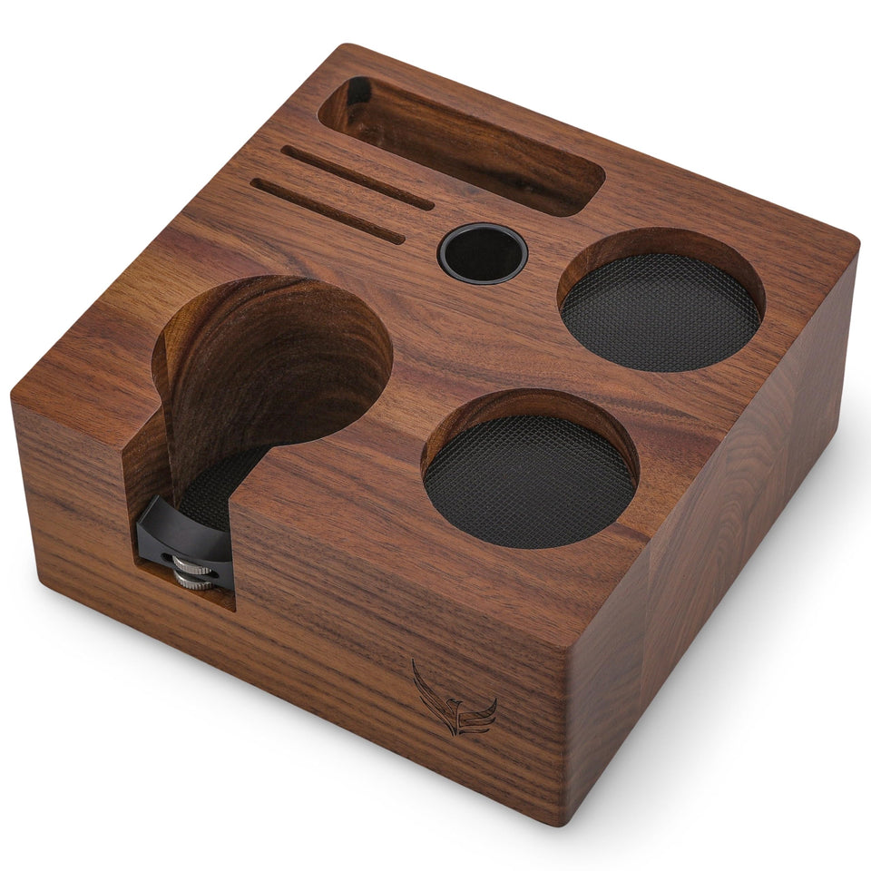 KNODOS 58mm Tamper Station in walnut showing dedicated slots for tamper and tools for organized espresso prep