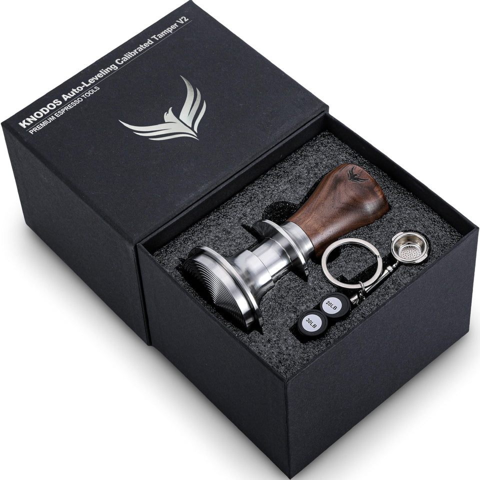 KNODOS calibrated espresso tamper 58mm walnut with auto-leveling for consistent tamping