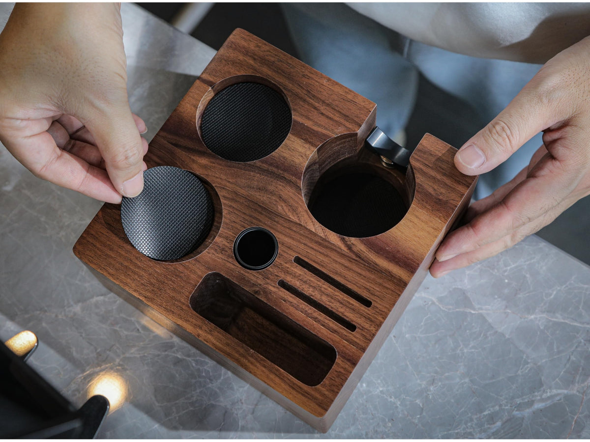 KNODOS compact espresso station in walnut on a clean counter
