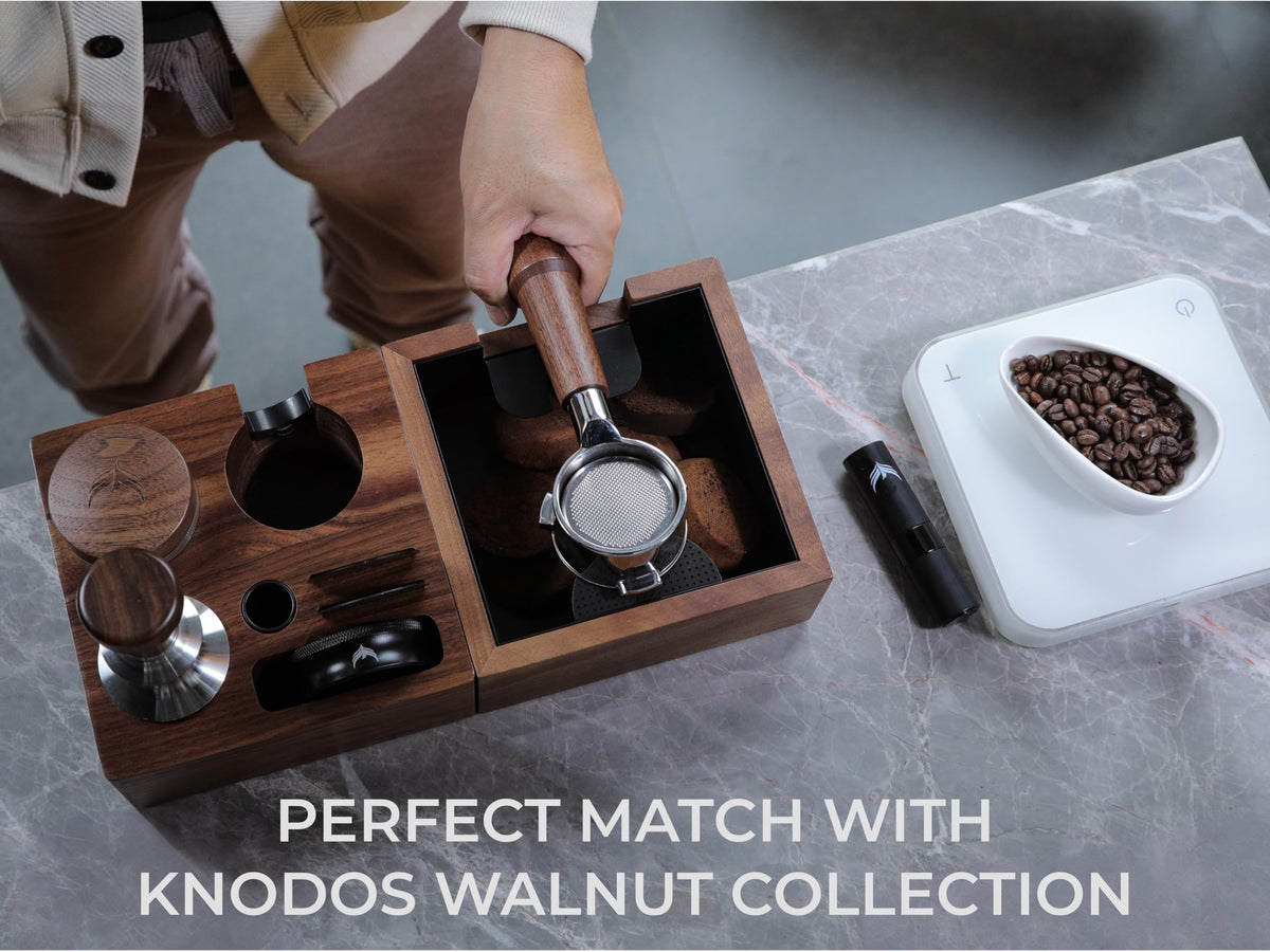 KNODOS dosing funnel and tools storage highlights space for puck prep and grips