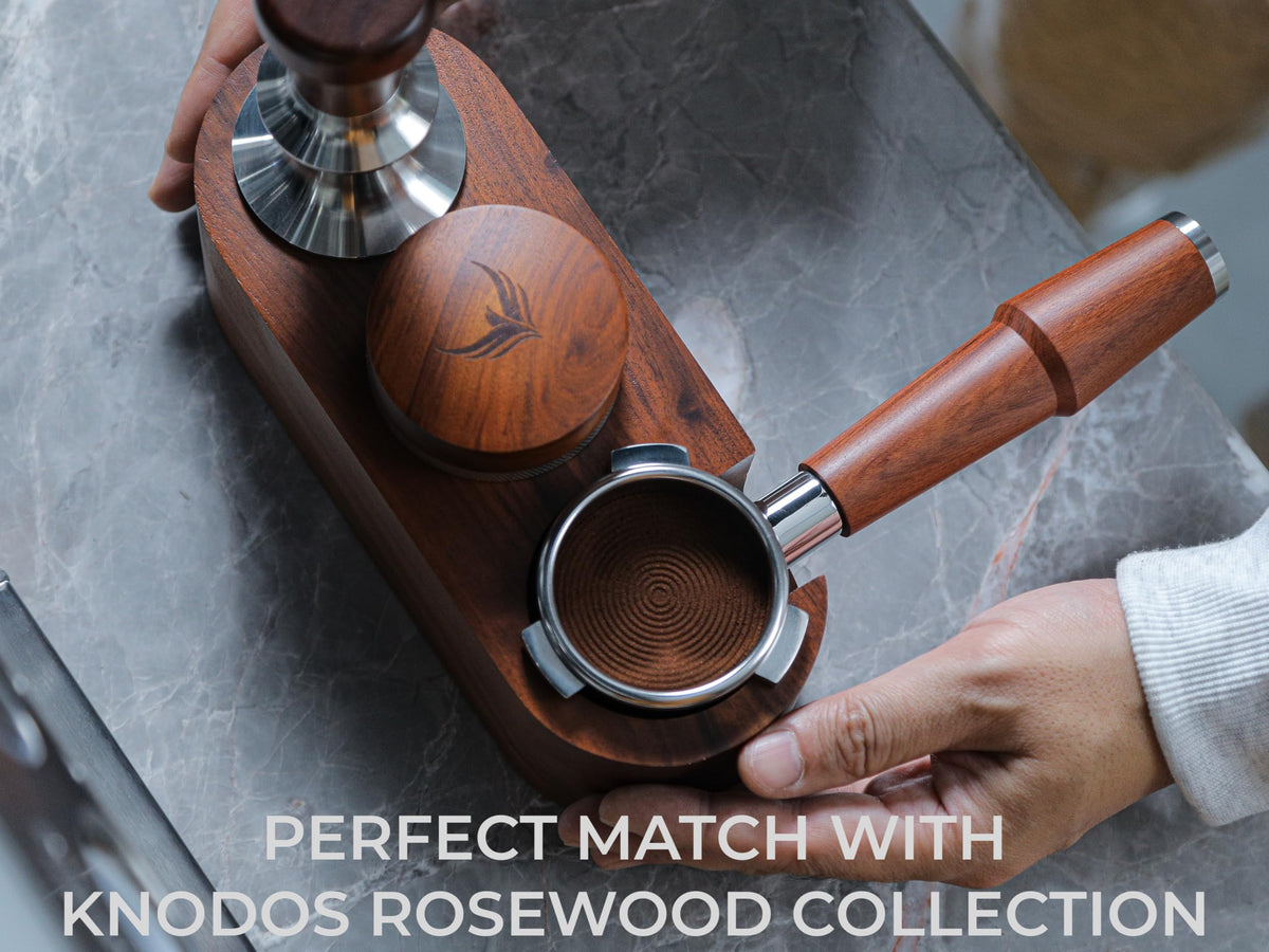 KNODOS ergonomic rosewood grip supports comfortable tamp prep