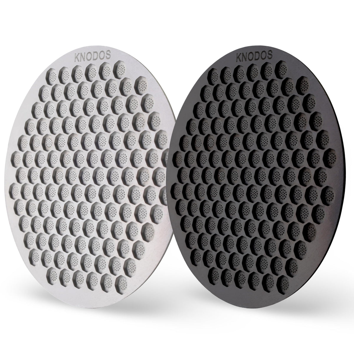KNODOS espresso puck screen front view with dual-color set for quick identification