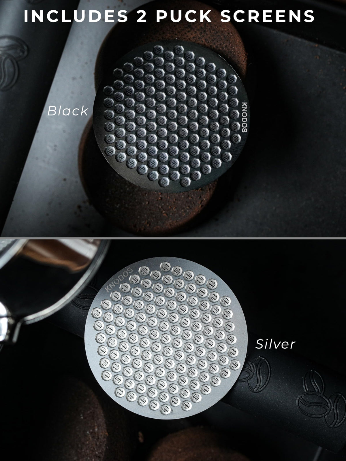 KNODOS black and silver puck screens for daily espresso prep