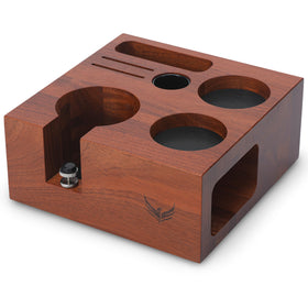KNODOS rosewood tamping station for 54mm Breville machines keeps tools organized