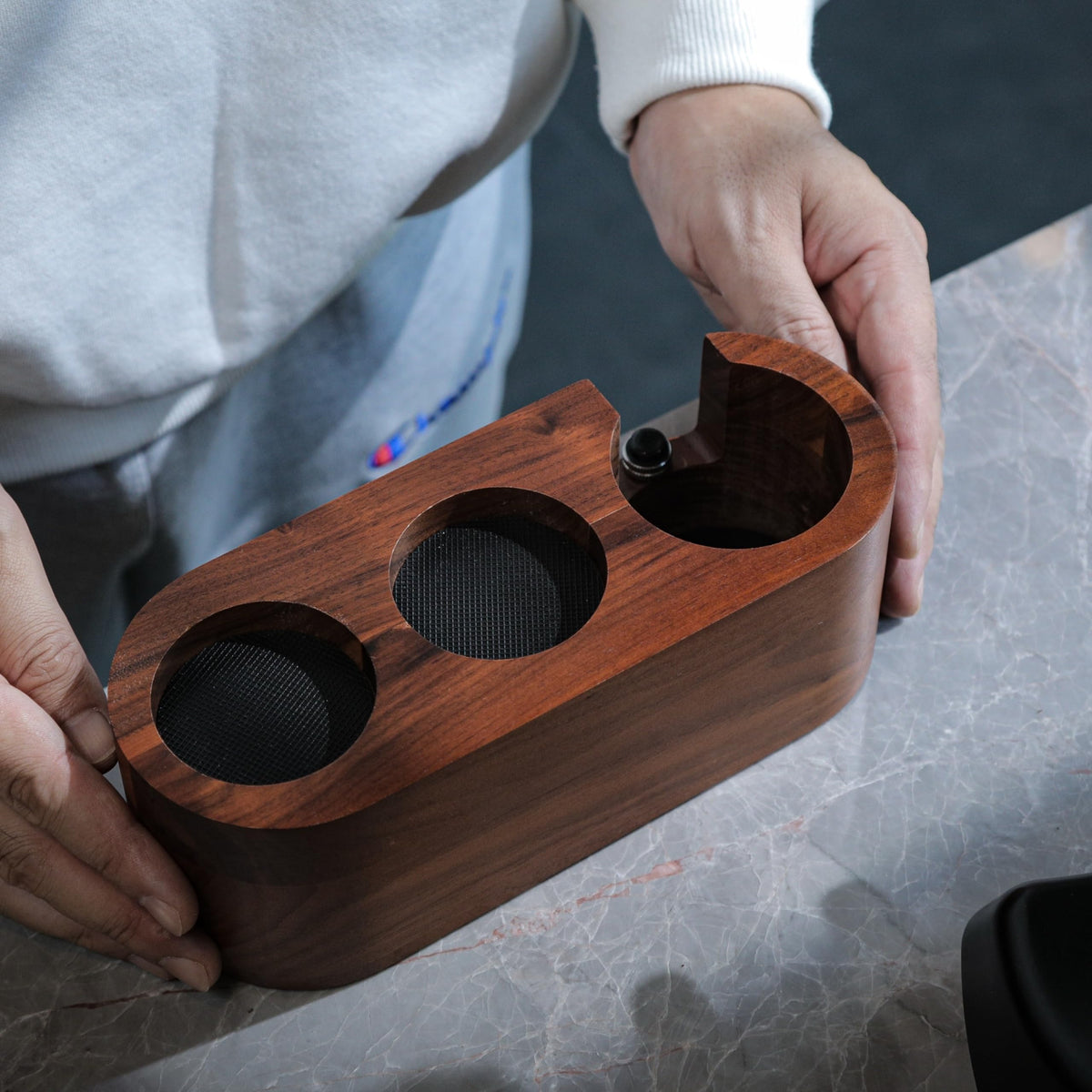 KNODOS rosewood portafilter holder keeps tamper and tools organized