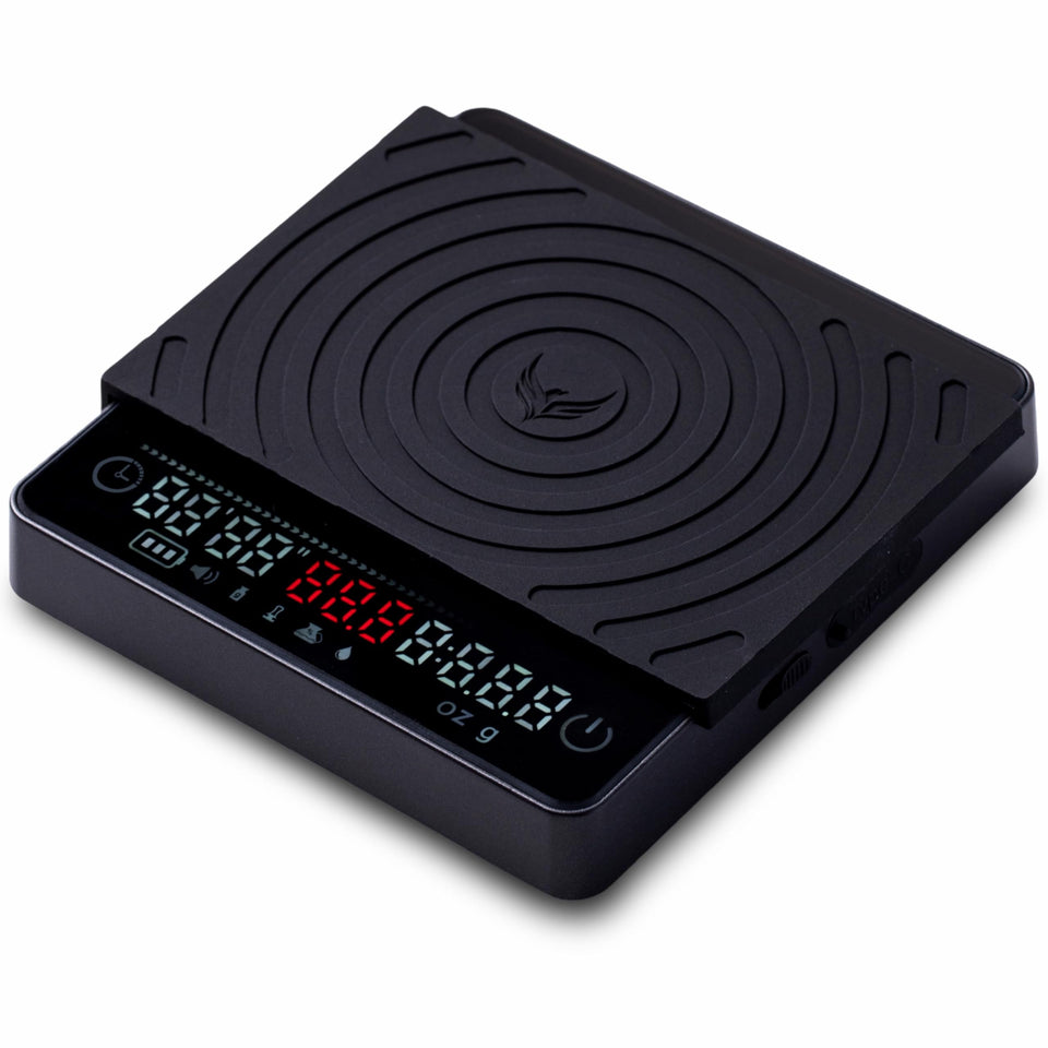 KNODOS Smart Coffee Scale fits neatly under an espresso machine for precise shots